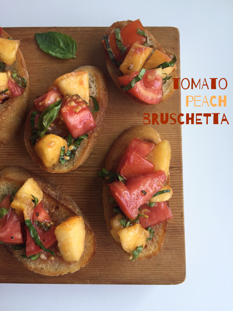 AMAZING Tomato Peach Bruschetta! Bursting with fresh tomatoes and perfectly ripe peaches - SO flavorful and I bet you can't just eat one! #dairyfree #vegan #recipe | Peach and the Cobbler