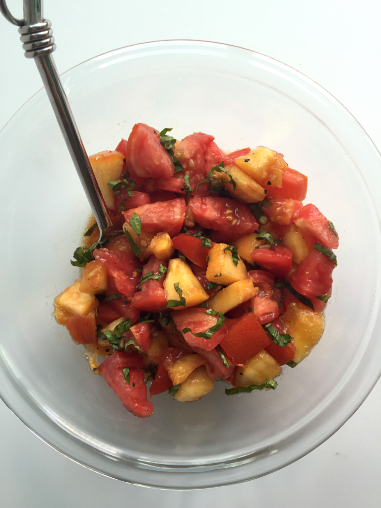 AMAZING Tomato Peach Bruschetta! Bursting with fresh tomatoes and perfectly ripe peaches - SO flavorful and I bet you can't just eat one! #dairyfree #vegan #recipe | Peach and the Cobbler