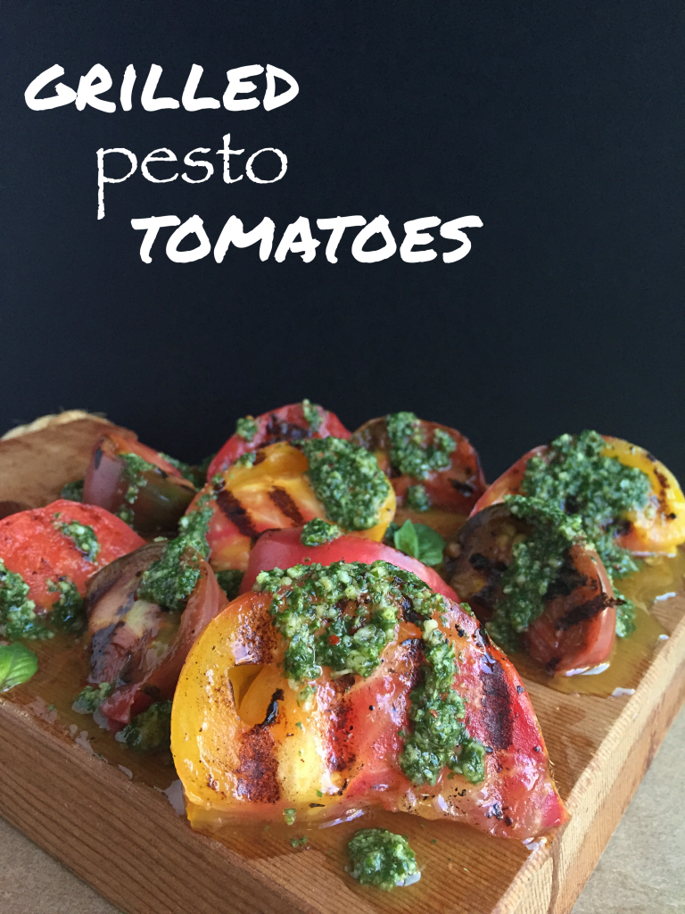 AMAZING Grilled Pesto Tomatoes! The perfect side for any summer get together! Sweet grilled tomatoes + super flavorful (dairy free) basil pesto! YUM! #dairyfree #vegan #recipe | Peach and the Cobbler