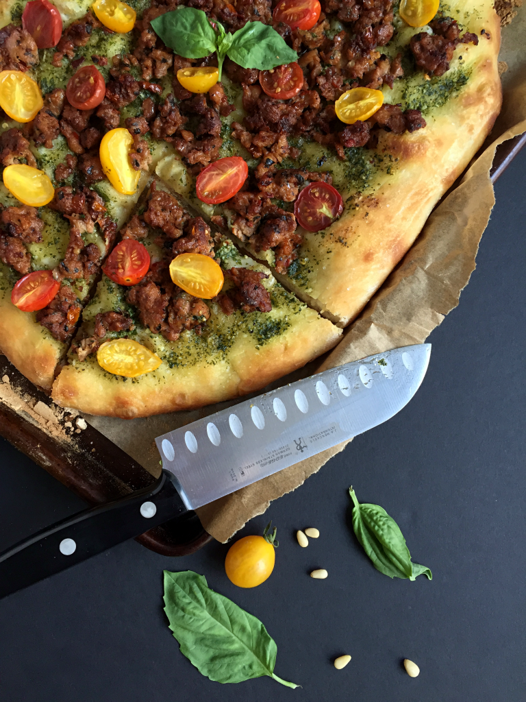 EASY Chicken Sausage Pesto Pizza! SO flavorful and perfect for your next pizza night! #dairyfree #recipe | Peach and the Cobbler