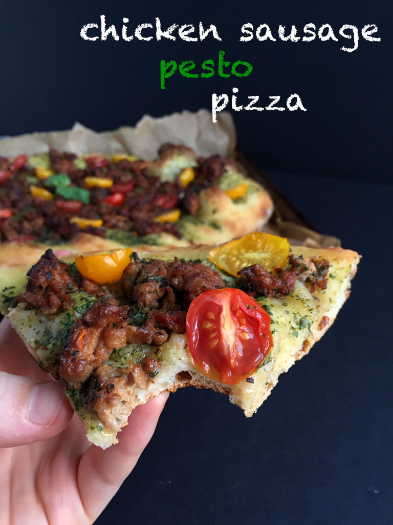 EASY Chicken Sausage Pesto Pizza! SO flavorful and perfect for your next pizza night! #dairyfree #recipe | Peach and the Cobbler