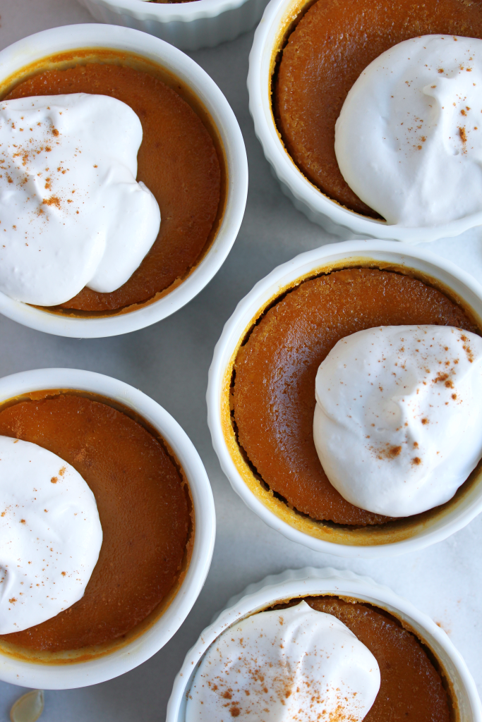 Pumpkin Pie Custards (DF + GF)! All the goodness of pumpkin pie but without the hassle of the crust! Perfectly sized and perfect for Fall! #dairyfree #glutenfree #recipe | peachandthecobbler.com