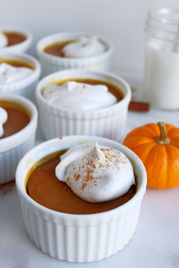 Pumpkin Pie Custards (DF + GF)! All the goodness of pumpkin pie but without the hassle of the crust! Perfectly sized and perfect for Fall! #dairyfree #glutenfree #recipe | peachandthecobbler.com