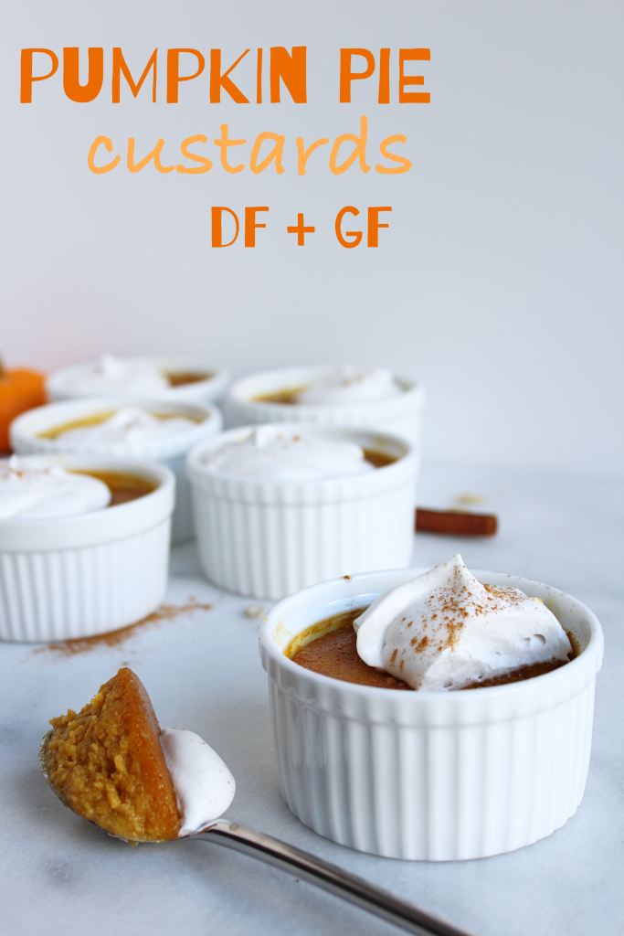 Pumpkin Pie Custards (DF + GF)! All the goodness of pumpkin pie but without the hassle of the crust! Perfectly sized and perfect for Fall! #dairyfree #glutenfree #recipe | peachandthecobbler.com