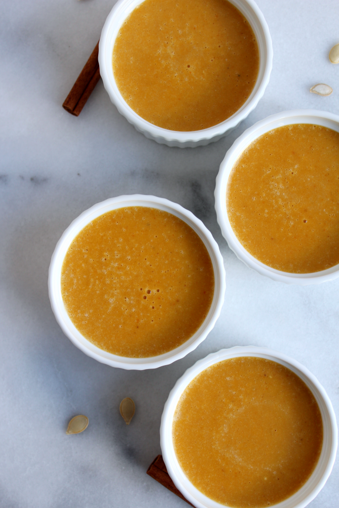 Pumpkin Pie Custards (DF + GF)! All the goodness of pumpkin pie but without the hassle of the crust! Perfectly sized and perfect for Fall! #dairyfree #glutenfree #recipe | peachandthecobbler.com
