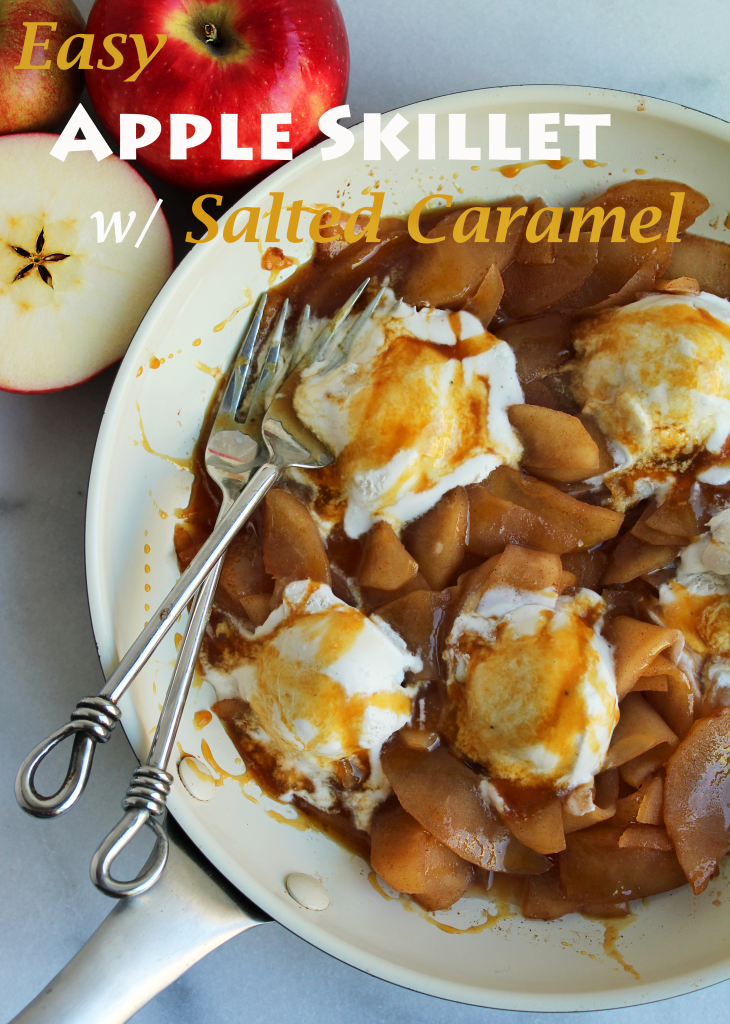EASY Apple Skillet with Salted Caramel! All the goodness of an apple pie but without the hassle (and calories) of the crust! YUM! #vegan #glutenfree #recipe | peachandthecobbler.com