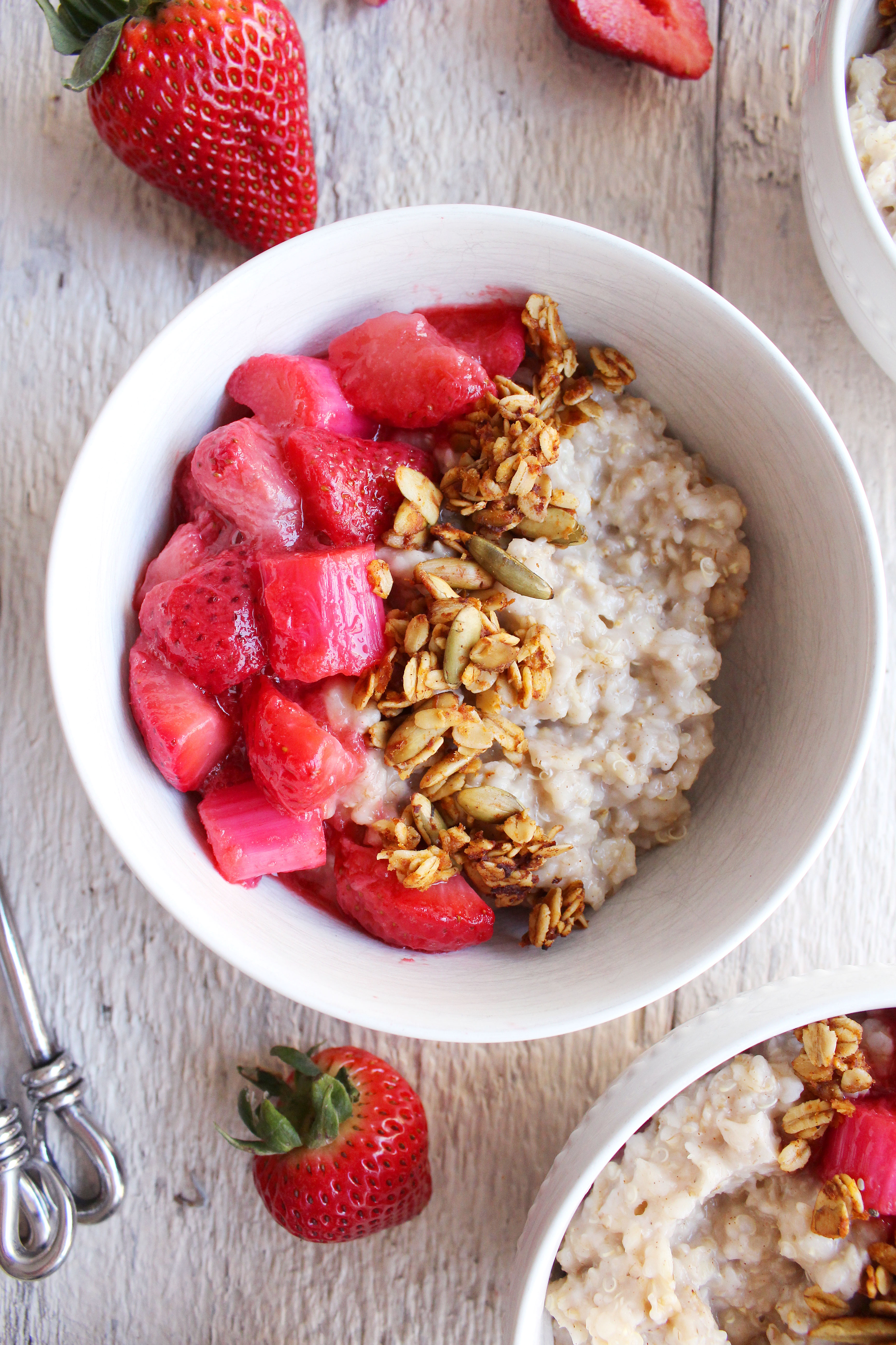 Quinoa Breakfast Bowls w/ Strawberry Rhubarb Compote! Spring-inspired, naturally sweetened, and SO YUM! #vegan #glutenfree #recipe | peachandthecobbler.com