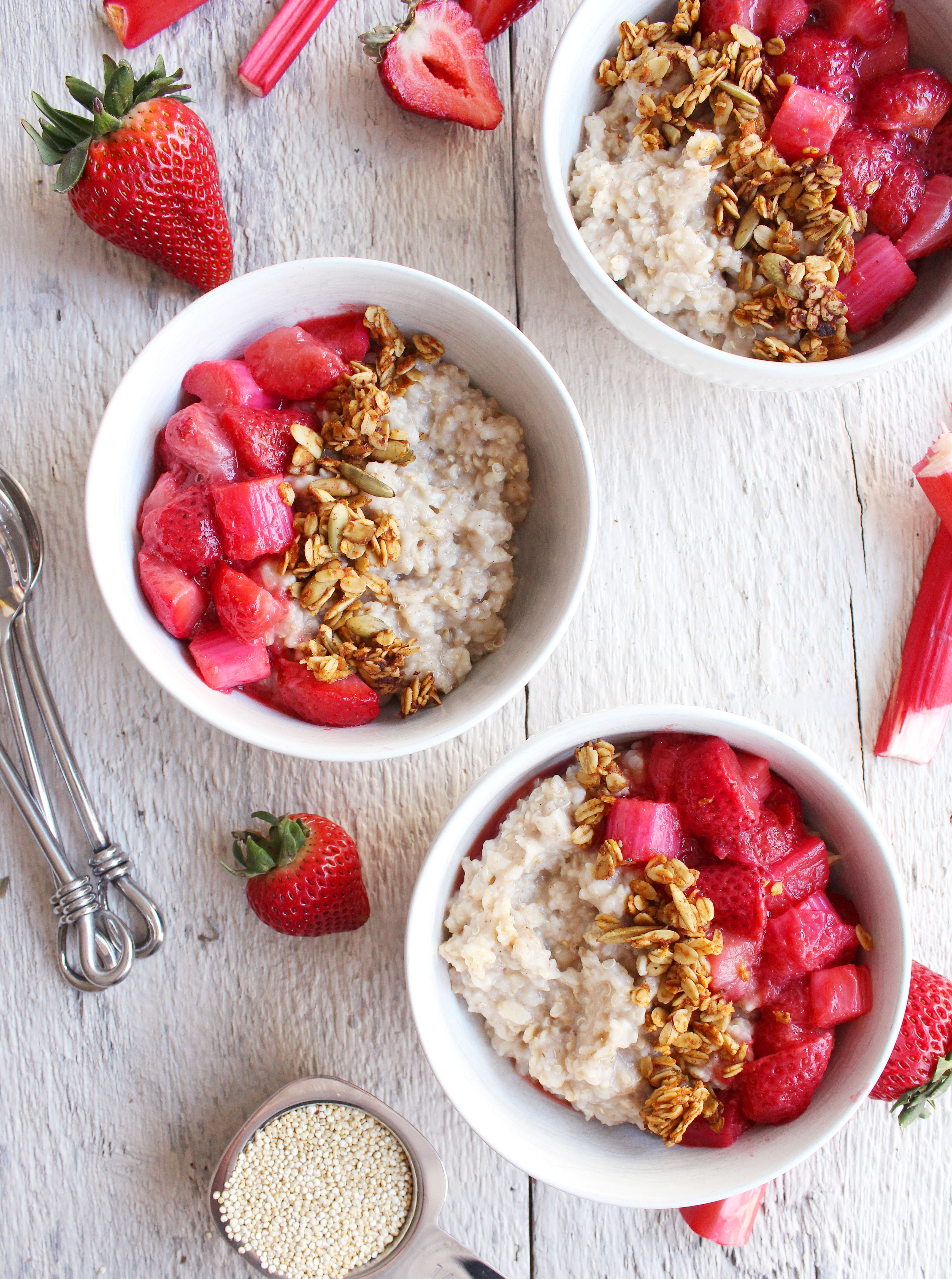 Quinoa Breakfast Bowls w/ Strawberry Rhubarb Compote! Spring-inspired, naturally sweetened, and SO YUM! #vegan #glutenfree #recipe | peachandthecobbler.com