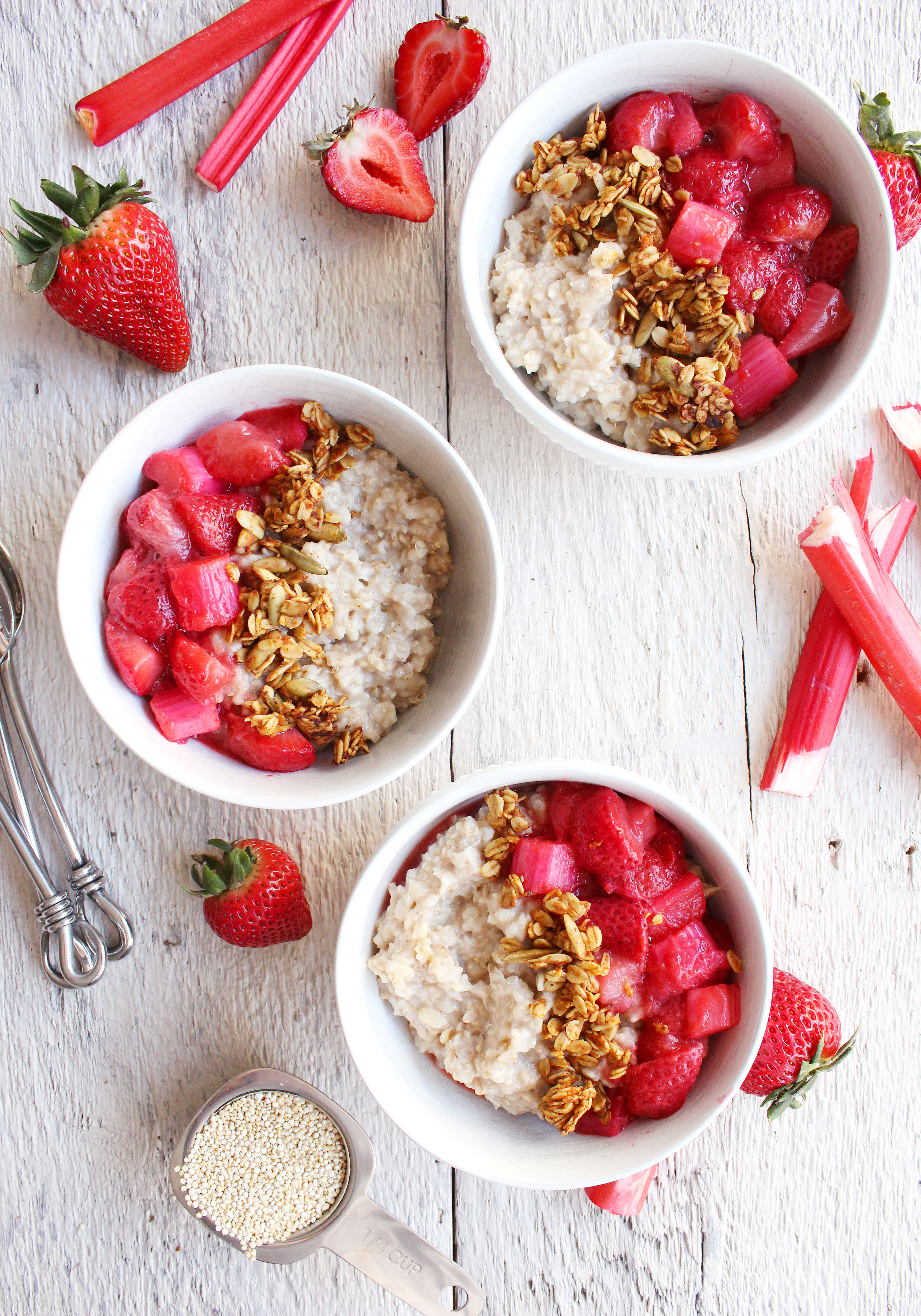 Quinoa Breakfast Bowls w/ Strawberry Rhubarb Compote! Spring-inspired, naturally sweetened, and SO YUM! #vegan #glutenfree #recipe | peachandthecobbler.com