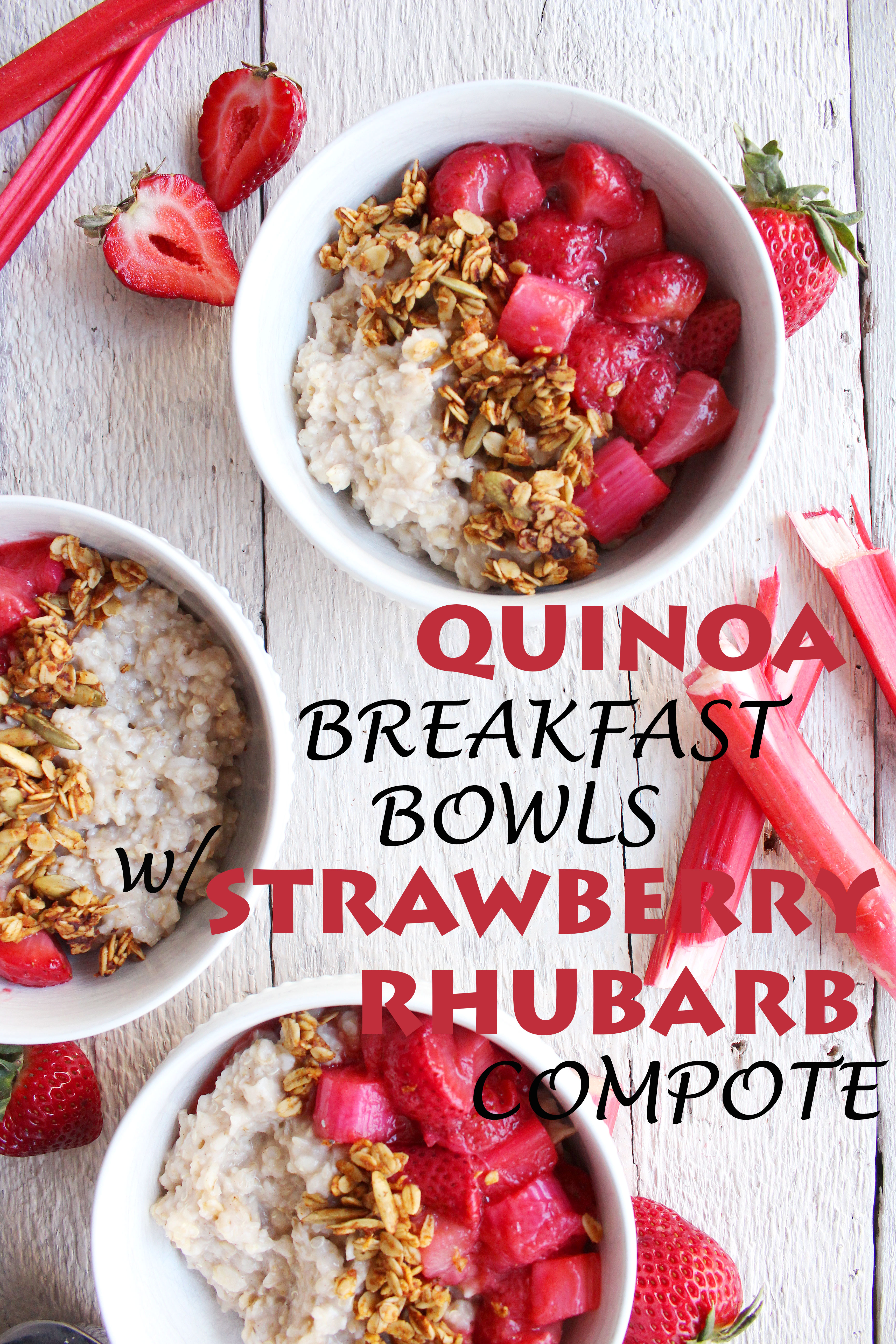 Quinoa Breakfast Bowls w/ Strawberry Rhubarb Compote! Spring-inspired, naturally sweetened, and SO YUM! #vegan #glutenfree #recipe | peachandthecobbler.com