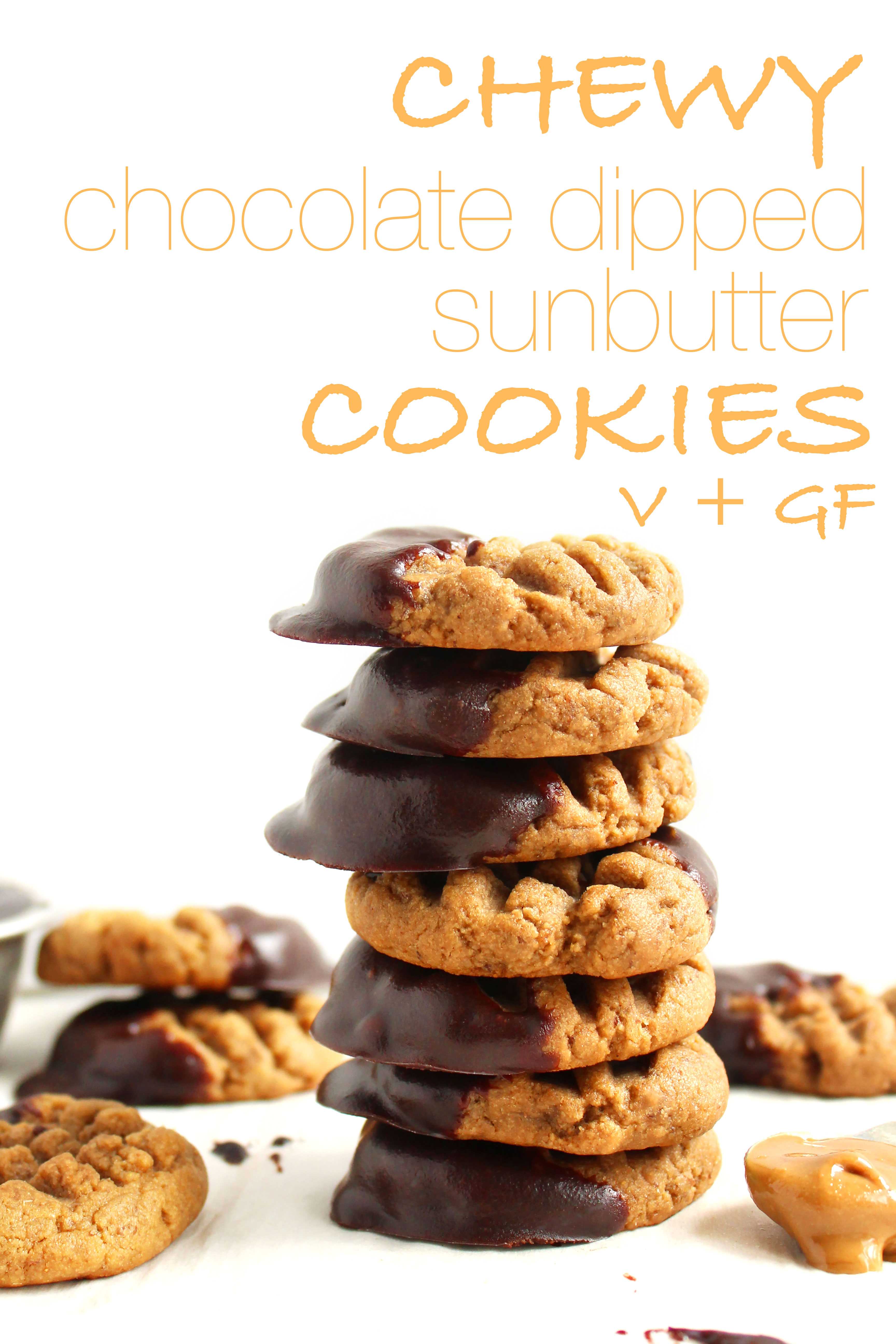 Chewy Chocolate Dipped Sunbutter Cookies (V + GF)! SUPER chewy, peanut-buttery, and delicious! Will cure any peanut butter/chocolate craving! #vegan #glutenfree #cookies | Peachandthecobbler.com